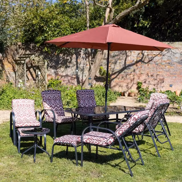 Primrose 6 Seater Reclining Leisure Set with Crank Parasol and Side Table in Wine Red and Purple