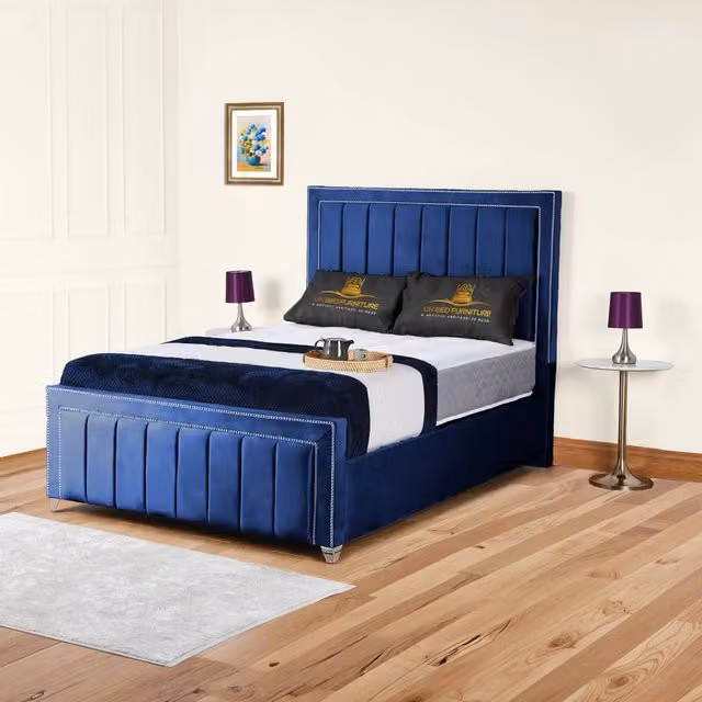 UK Bed Furniture Fiona Blue Velvet Upholstered Slatted Base Bed, W/D/H: 120 x 200 cm