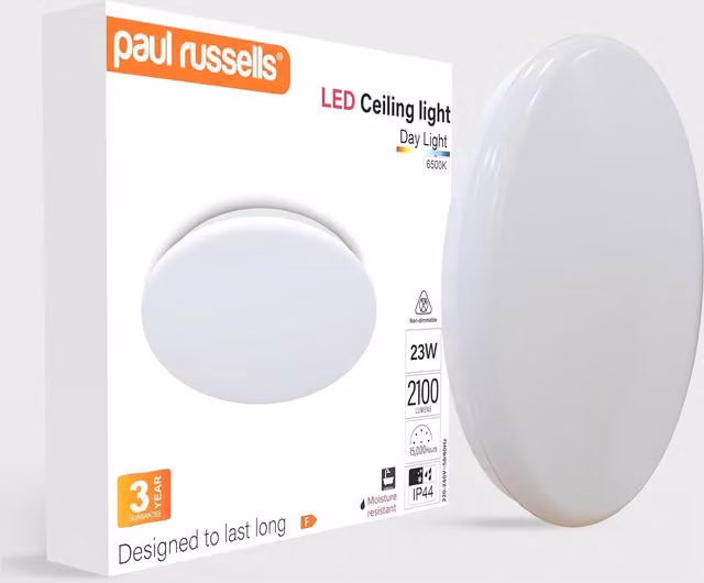 Paul Russells White Round LED Ceiling Downlights, 23W, 2100 Lumens, 6500K Daylight, IP44