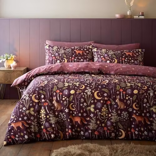 Catherine Lansfield Enchanted Twilight Animals Reversible King Duvet Cover Set with Pillowcases in Purple