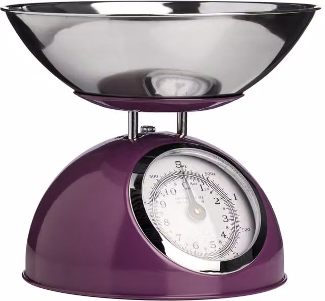 Orsina Premium Retro Style Manual Kitchen Scale, 5kg Capacity, Silver and Purple Metal Construction with Analog Display – 1