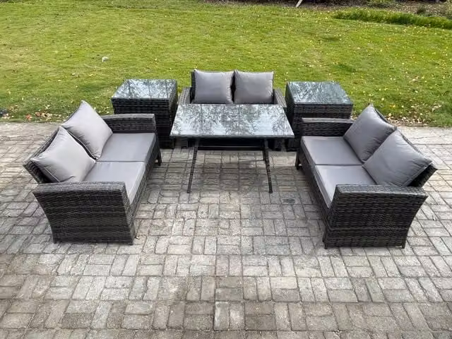 Fimous 6 Piece Outdoor Lounge Sofa Set with Rectangular Dining Table in Dark Grey PE Rattan