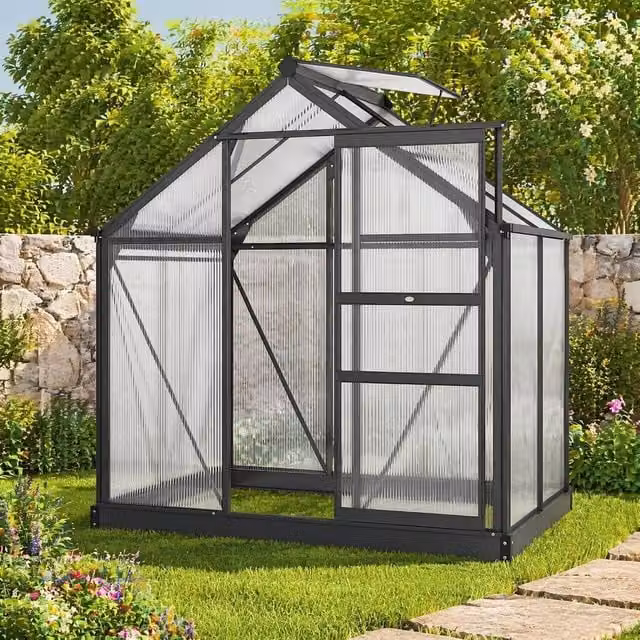 STILVORA Grey Walk-In Greenhouse with Aluminium Frame, Polycarbonate Panels, Sliding Door, Window and Rain Gutter, W/D/H: 201 x 121.92 x 132 cm – 1