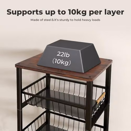 Levede Black Metal Stackable Wire Storage Baskets and Multi-Layer Kitchen Organiser Cart with Wheels and Pull-Out Drawer, H 108 x W 48 x D 28 cm – 4