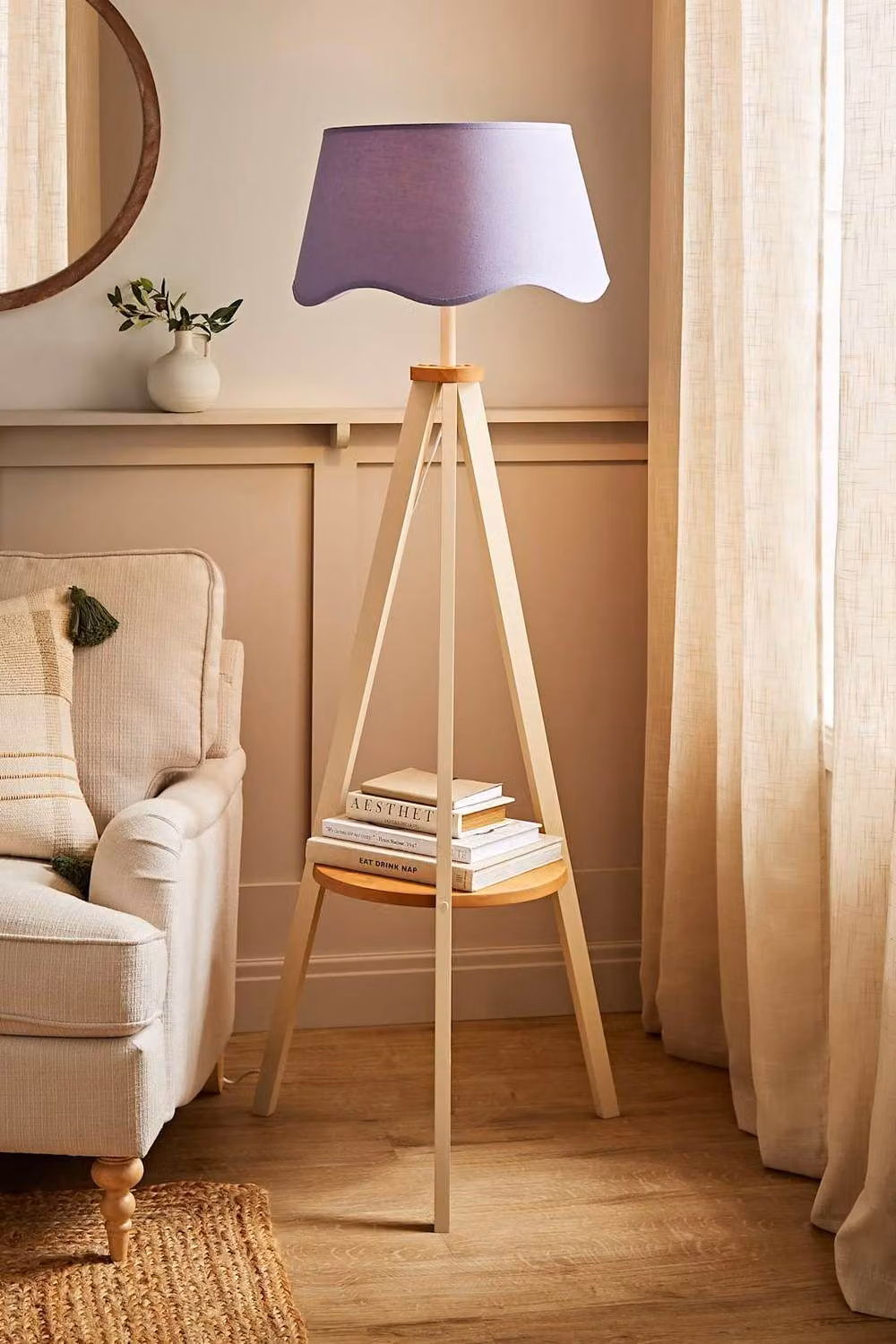 ValueLights Morrigan Tripod Floor Lamp with Scalloped Fabric Shade and Bulb in Cream and Lilac – 2