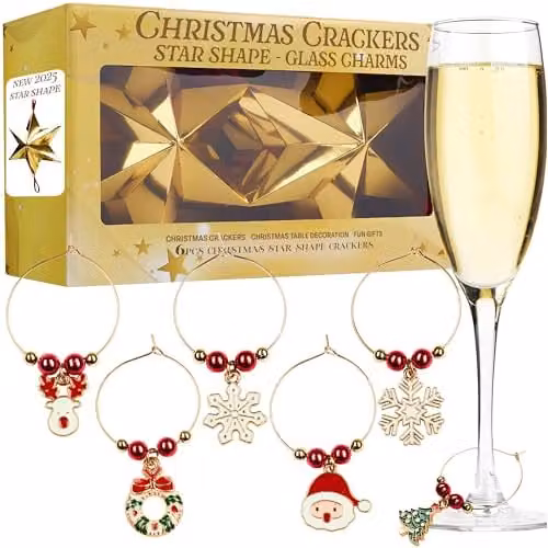 KreativeKraft Luxury Christmas Crackers with Wine Glass Charms and Festive Glass Markers, 6 Pack, Gold Star and Multicolour – 1