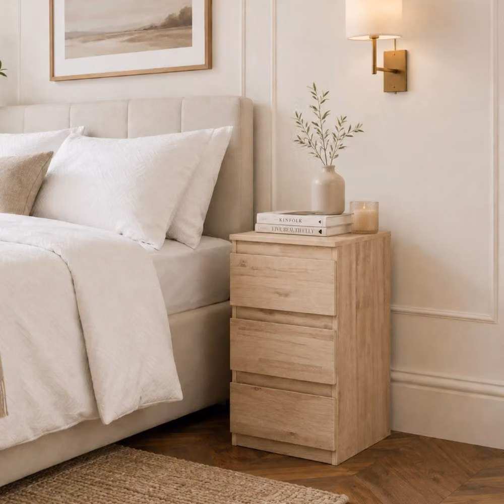 FORGEVIO Oak 3 Drawer Bedroom Nightstand Storage Bedside Cabinet in Beige, W/D/H: 30 x 30 x 55 cm – 2