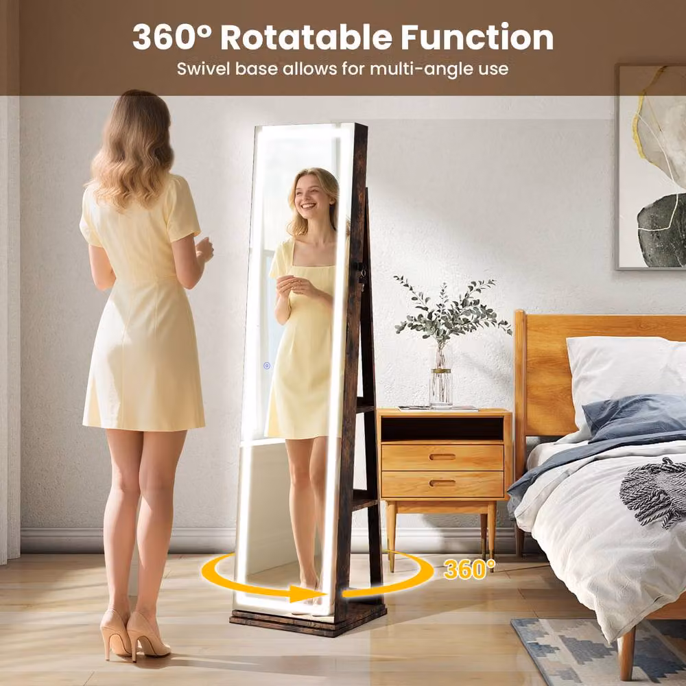 Costway 360 Swivel Freestanding Jewelry Cabinet and Storage Organiser in Brown with LED Lighting and Mirror – 6
