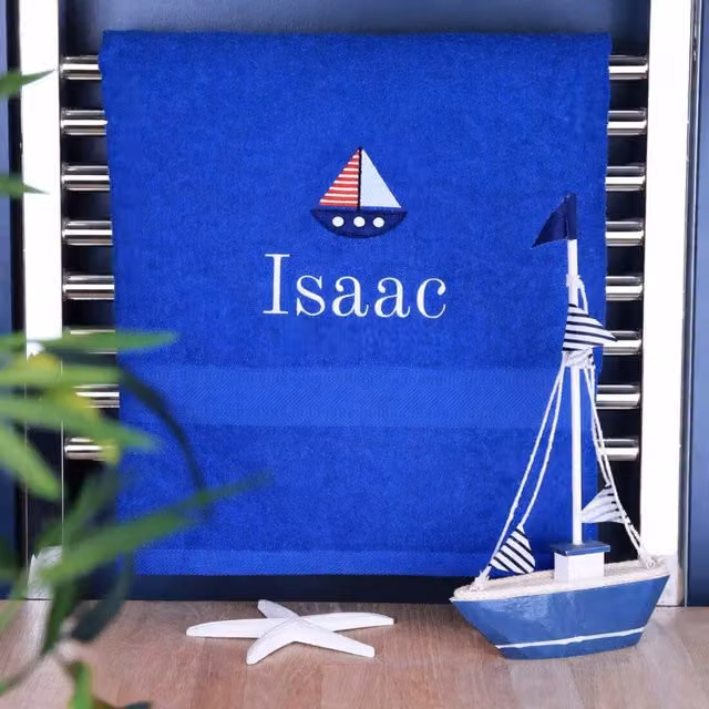 Duncan Stewart Personalised Kids Maritime Sailing Boat Cotton Bath Towel in Blue, W/D/H: 130 x 70 x 500 cm