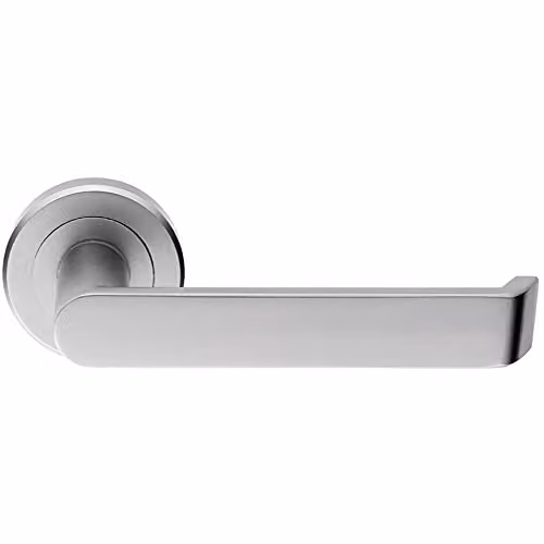 Loops Pair Flat Faced Lever on Round Rose Chamfered Edge Concealed Fix Door Handles in Satin Chrome