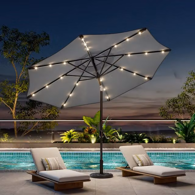 Garden Sanctuary 24 LED Lights Parasol with Crank and Concrete Base in Light Grey