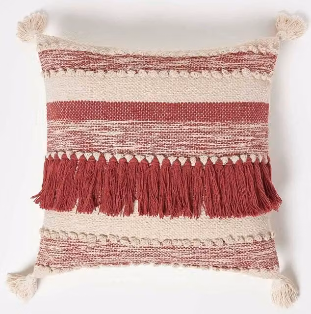 Homescapes Handwoven Red and Cream Kilim Cushion with Tassels, 45 x 45 cm