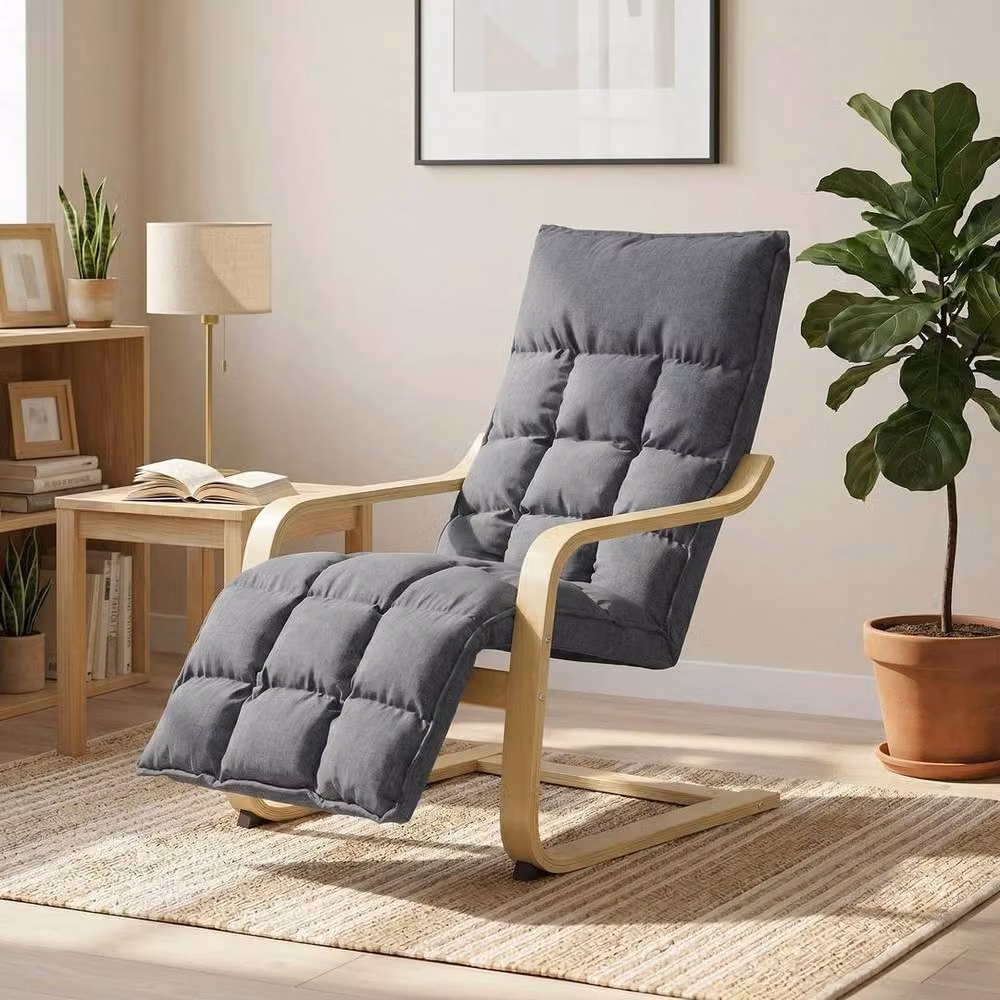 Kelvenix Grey Fabric Leisure Lounge Chair with Armrests and Birch Wood Accents – 4