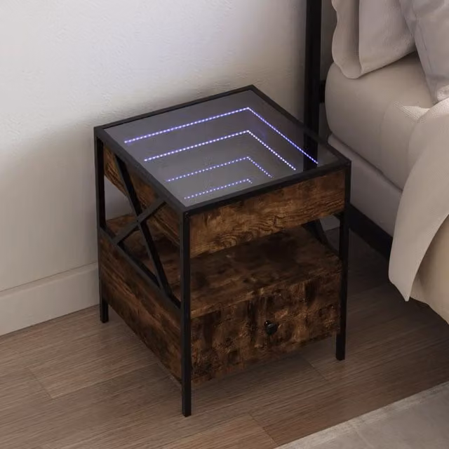 Berkfield Home Bedside Table with Infinity LED and Mirror Top in Smoked Oak Brown, W/D/H: 40 x 40 x 51 cm