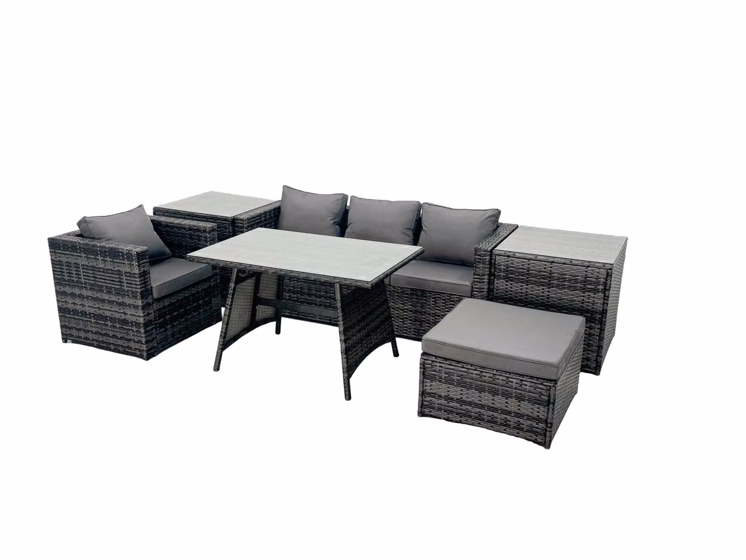 Fimous Outdoor Dining Table Sofa Set with 2 Side Tables and Large Footstool in Dark Grey – 2
