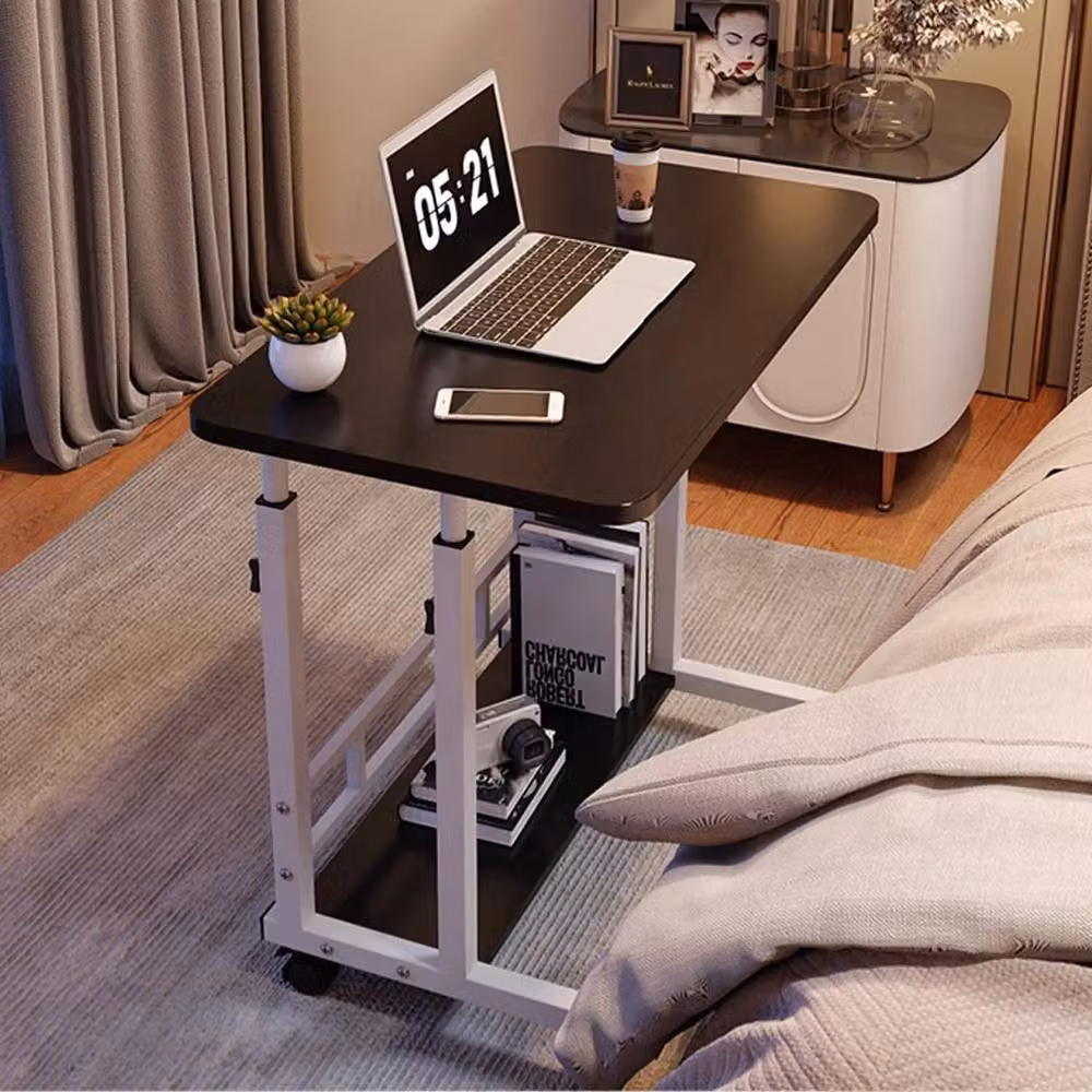 Living and Home Height Adjustable 2-Tier Mobile Overbed Desk with Shelves and Castors, Black – 2