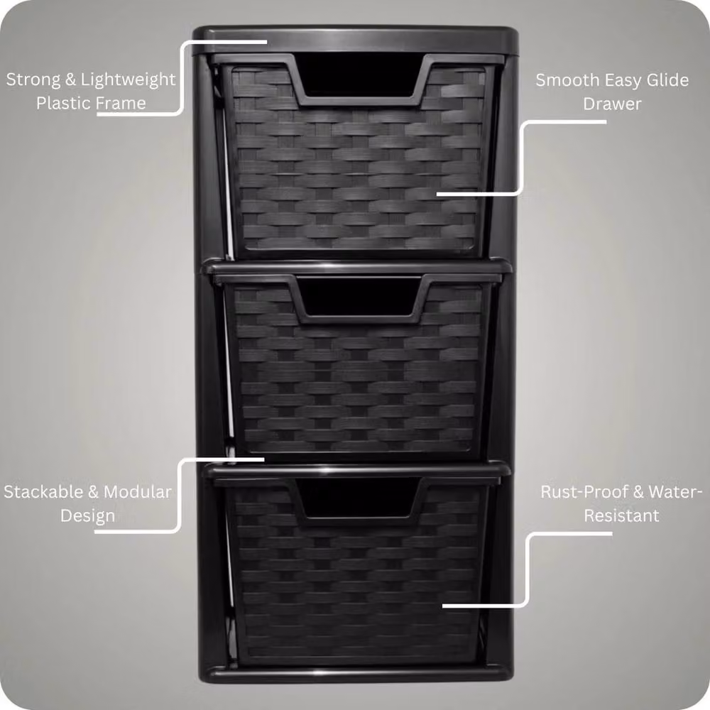 Kelvenix Set of 2 Black 3-Tier Plastic Rattan Storage Units – 5