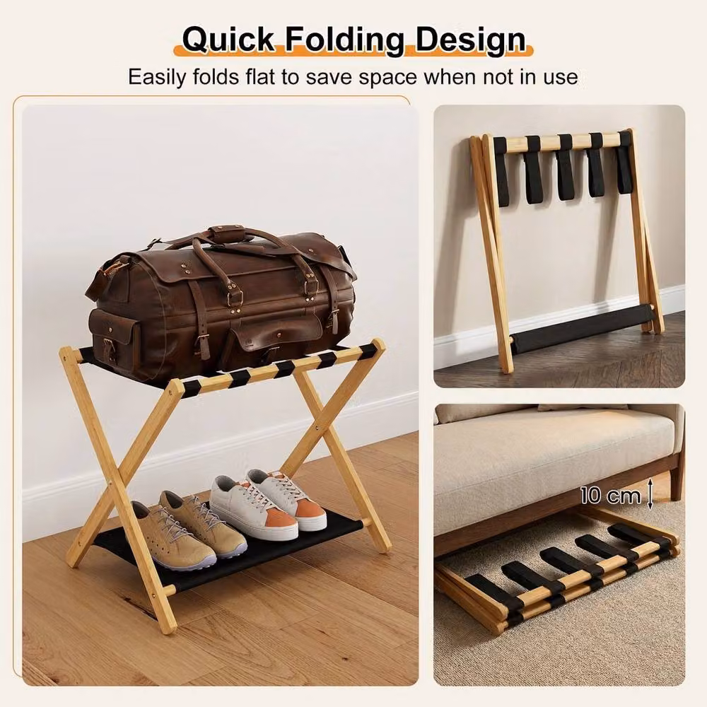 VOGREX Set of 2 Bamboo Folding Luggage Racks in Natural Brown – 4
