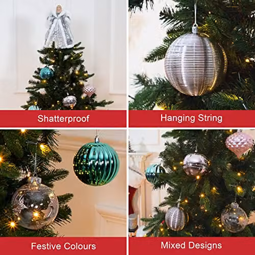 The Christmas Workshop Set of 12 Shatterproof Textured Plastic Round Baubles in Pink, Blue and White – 2