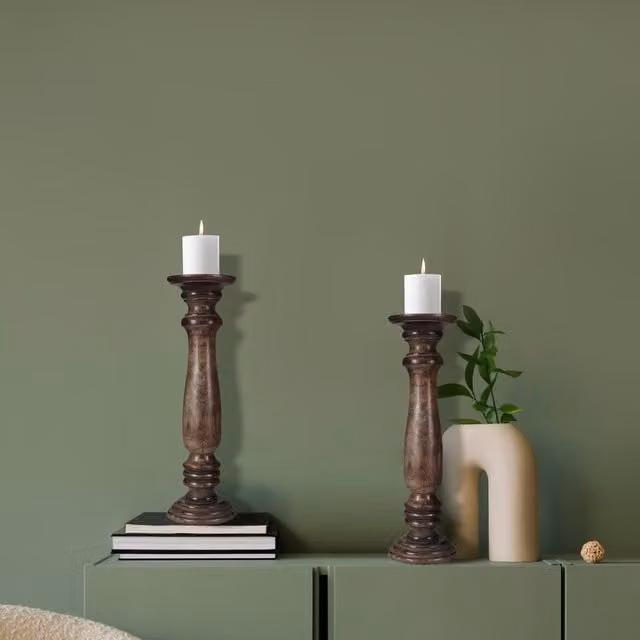 Topfurnishing Set of 2 Rustic Antique Carved Wooden Pillar Church Candle Holders in Brown, W/D/H: 13 x 13 x 31 cm