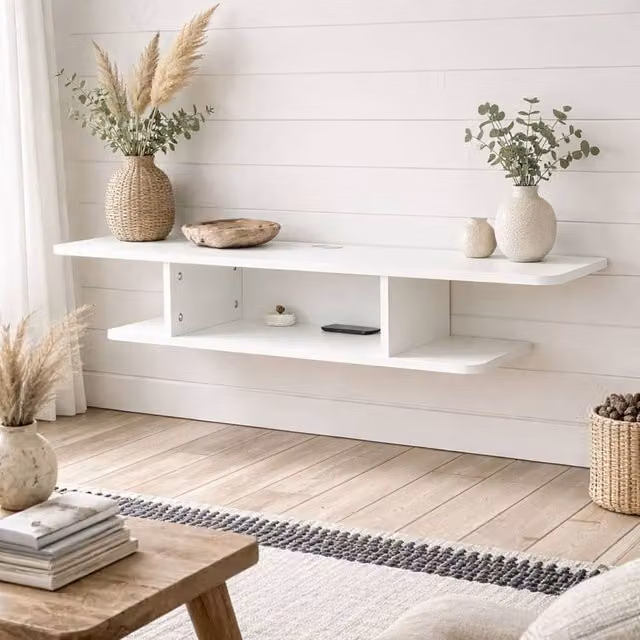 Wyld Haus Kere White 2 Tier Floating TV Unit, Wall Mounted Media Shelf for TVs up to 40 inch – 1