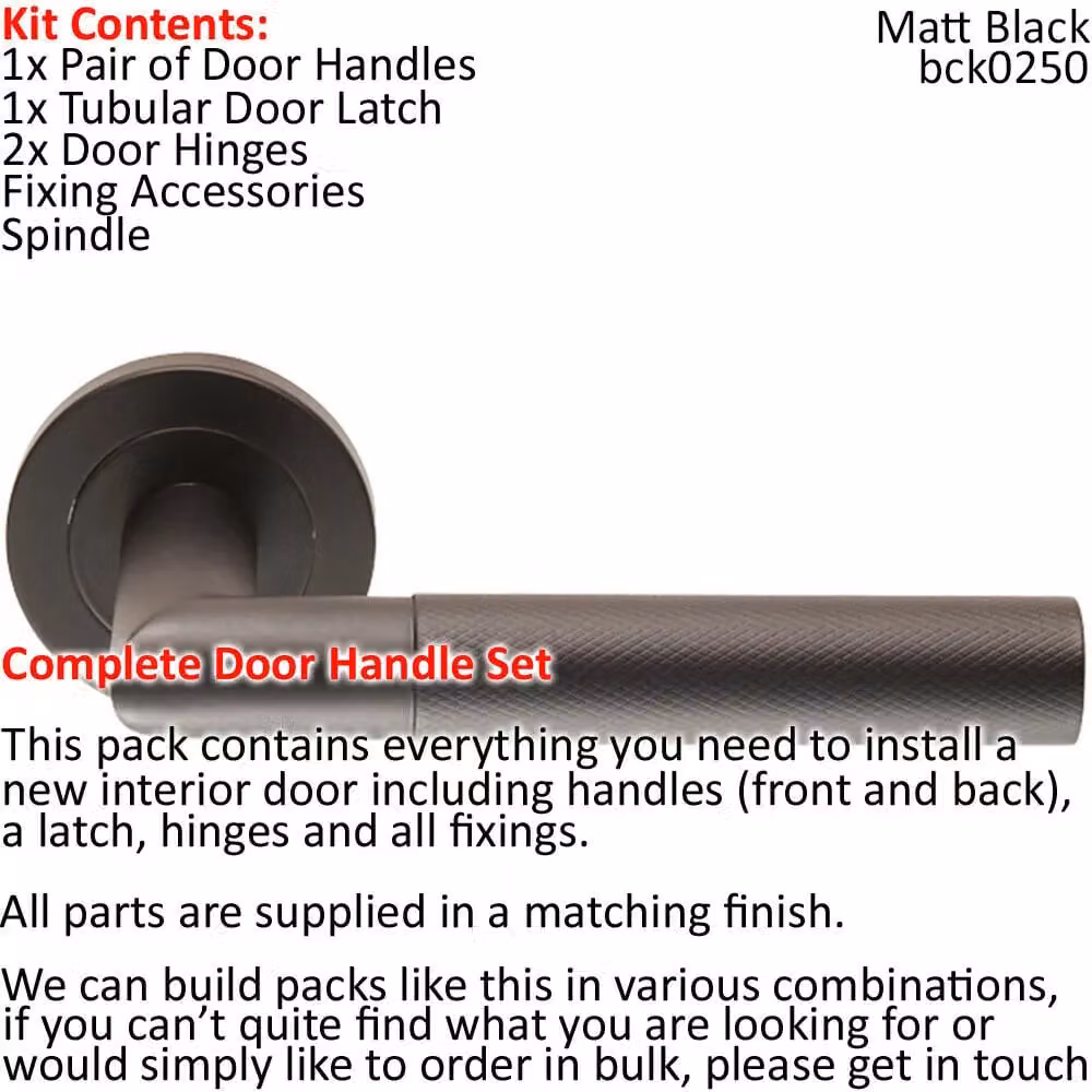 Loops Matt Black Knurled Mitred Lever Door Handle and Latch Pack with Screwless Round Rose – 2