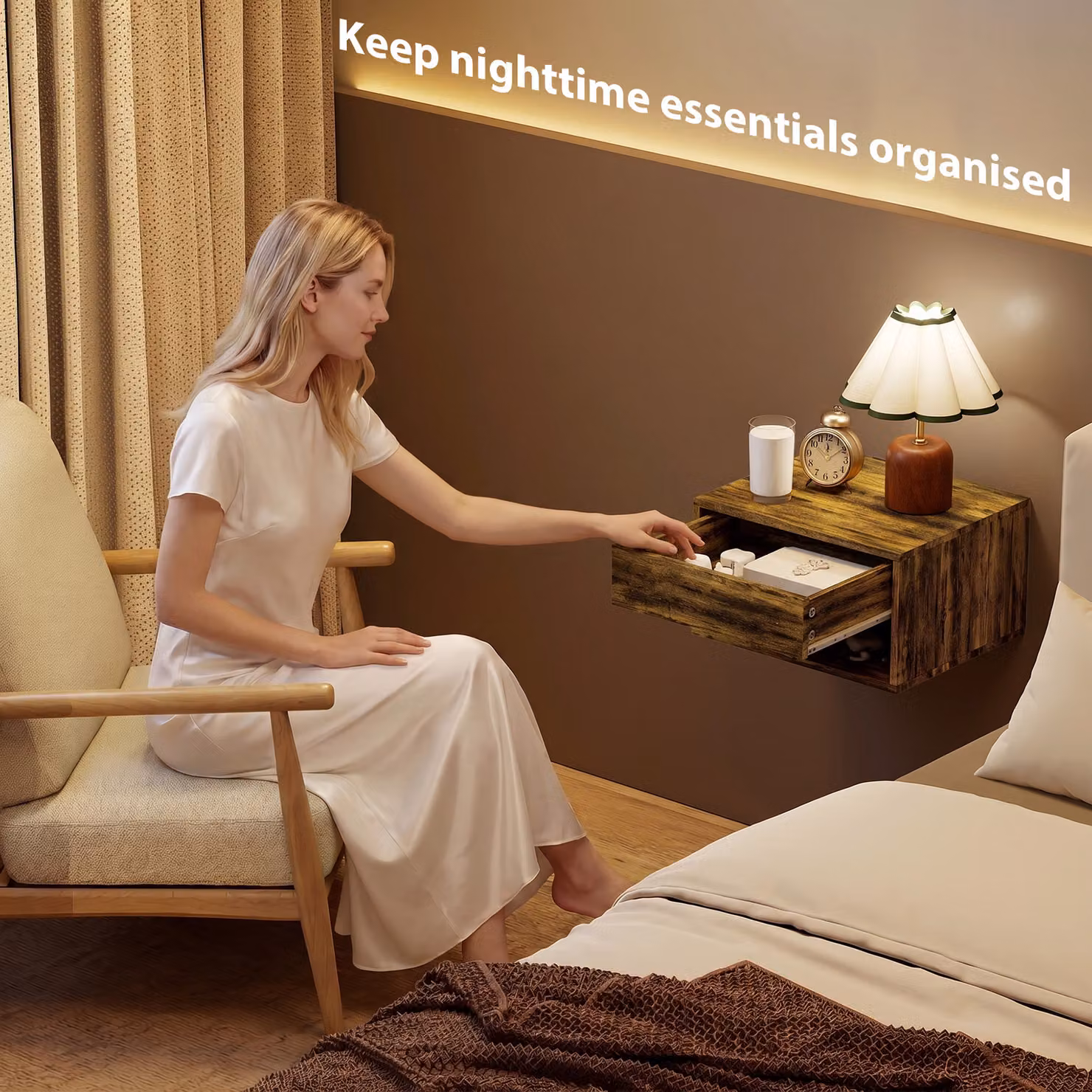 HOMCOM Set of Two Wall-Mounted Floating Bedside Tables in Rustic Brown – 4