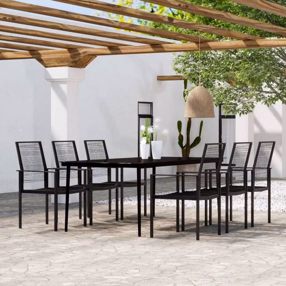 Berkfield Home 7 Piece Black Garden Dining Set with Metal, Glass and Rattan – 2