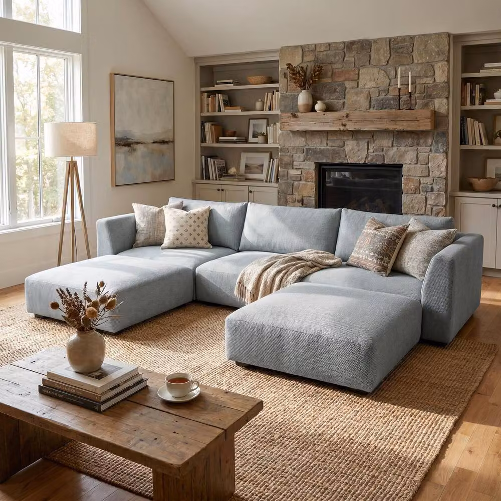 Abakus Direct Tokyo U-Shape Modular Sofa in Anthracite Grey Fabric with Bamboo and Rattan Details – 4