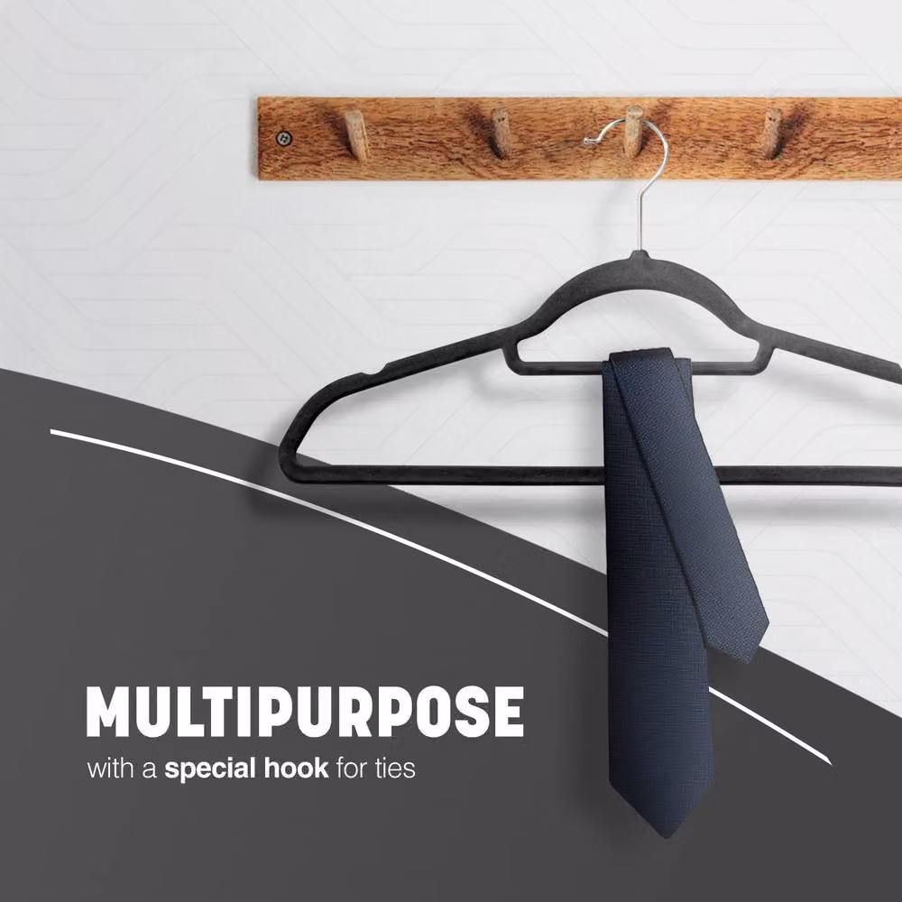 Keplin Non-Slip Velvet Flocked Clothes Hangers with Tie Bar, Black, 50 Pack – 6