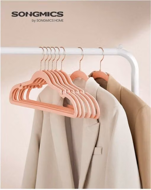 SONGMICS Non-Slip Velvet Flocked Coat Hangers with Notches and Swivel Hook, Pink, 2.2kg