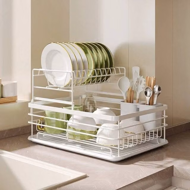 SPETLEK Anti-Rust Dish Drainer Drying Rack in White with Cup Holder and Drip Tray – 1