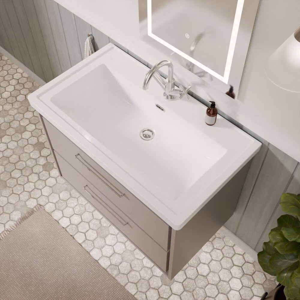 Balterley Modern Wall Hung 2-Drawer Bathroom Vanity with Fireclay Basin, Grey, W: 80 cm – 2