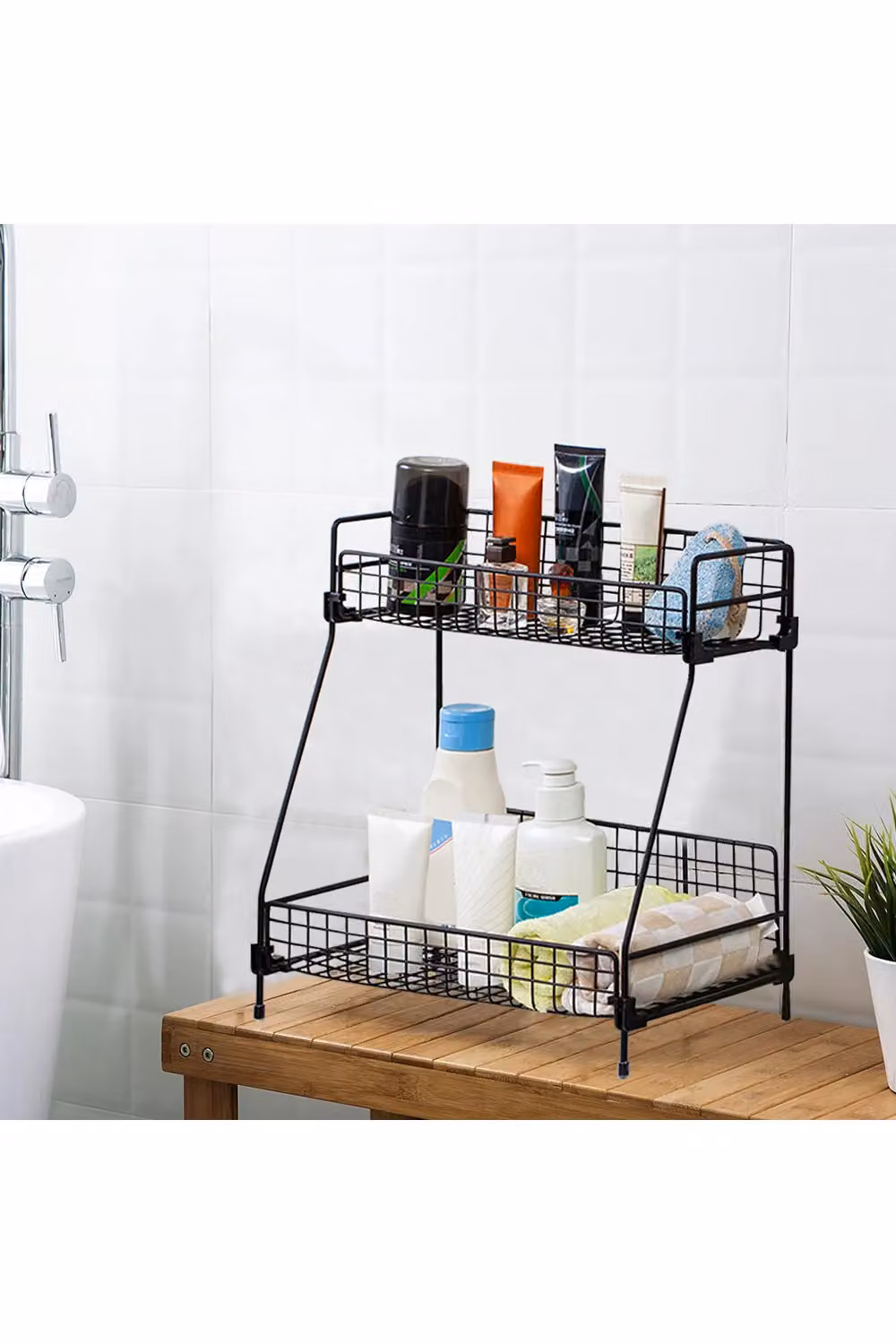 Living and Home 2-Tier Free Standing Metal Cosmetic and Kitchen Storage Shelf in Black, Width: 31.5 cm – 2