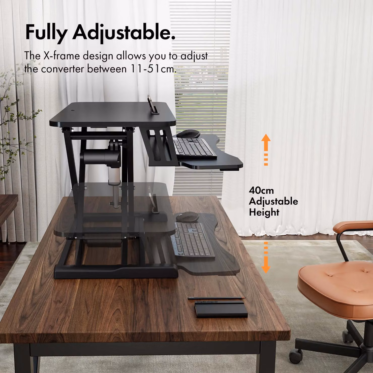VonHaus Height Adjustable Two Tier Electric Desk Converter with Keyboard Shelf in Black – 3