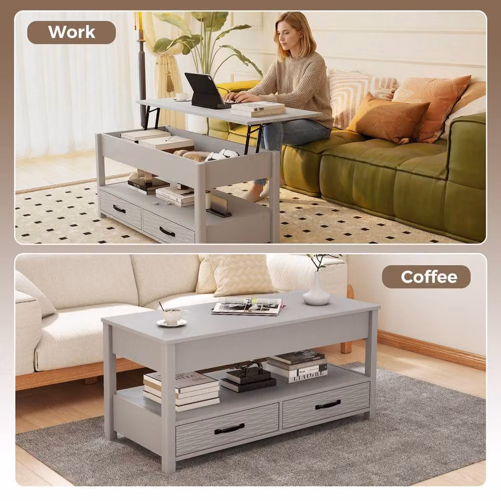 Gymax Rustic Lift Top Coffee Table with Hidden Compartments in Grey, W/D/H: 100 x 63.5 x 45 cm – 2