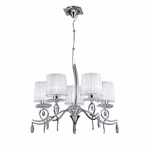 Netlighting Louise 5-Light Ceiling Chandelier in Chrome and Grey with White Fabric Shades and Crystal Details
