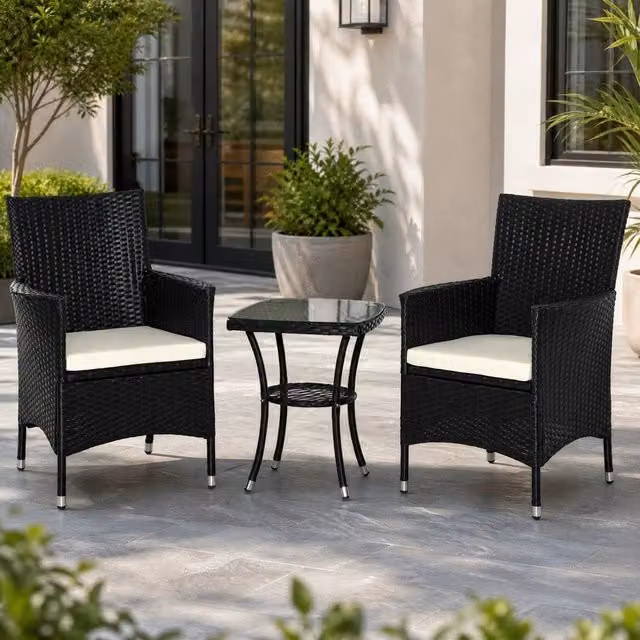 STILVORA 3 Piece Bistro Set with Cushions in Black Rattan and Metal – 1