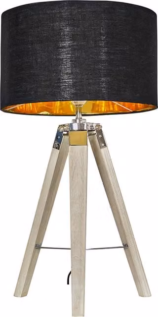 Clipper Tripod Table Lamp with Brown Wood Base and Black and Gold Fabric Cylinder Shade, H 63 cm x W 36 cm x D 36 cm