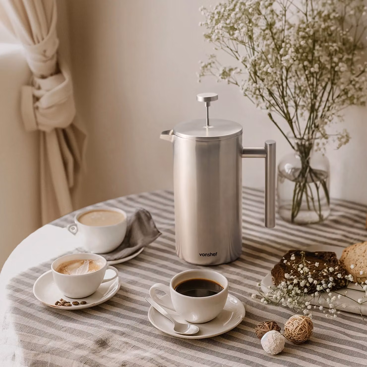 VonShef Double-Walled Stainless Steel Cafetiere with Measuring Spoon in Silver, 800ml – 5
