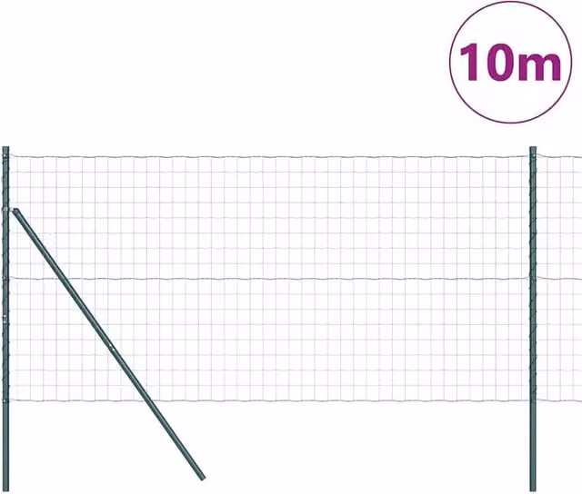 Berkfield Home Green Euro Fence with 7 Round Posts, Galvanised Steel, W: 10 m, H: 1.4 m