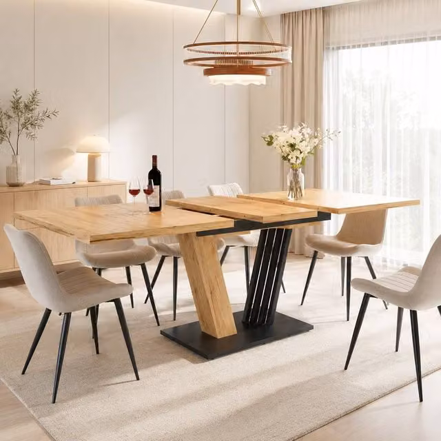 Merax Modern Extendable Dining Table with Telescopic Pull-Out Top and Pedestal Base in Brown