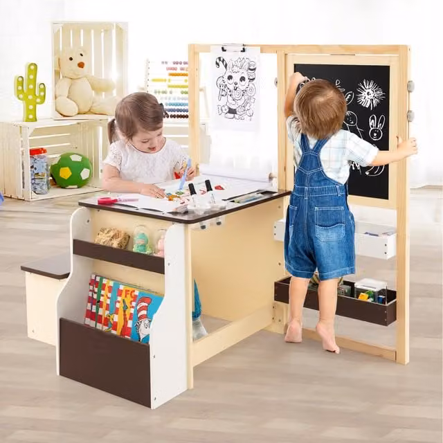 Costway Kids Art Easel Table and Bench Set in Brown