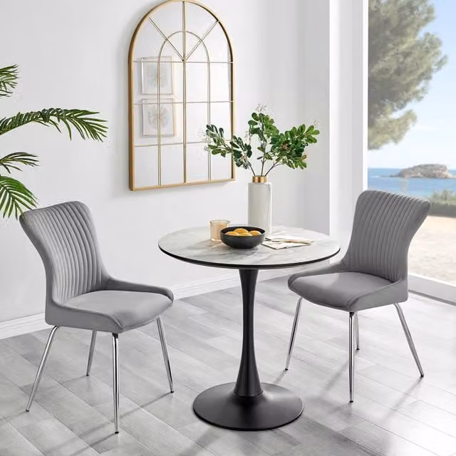 FurnitureboxUK Elina White Marble Effect Round Dining Table and 2 Nora Silver Leg Velvet Chairs in Light Grey