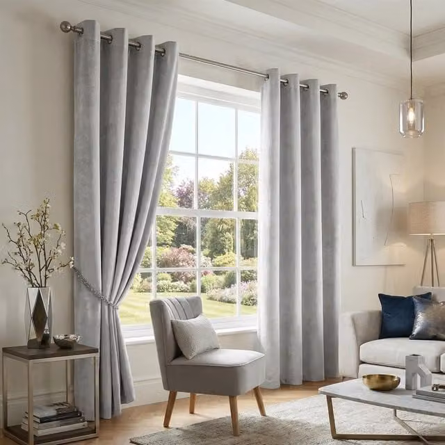 Luxury Living Silver Velvet Thermal Blackout Eyelet Curtains, Pair, Width: 168 cm, Drop: 229 cm – 1