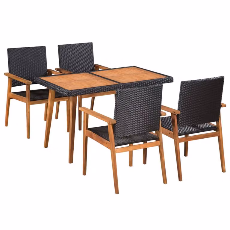 Berkfield Home 5 Piece Outdoor Dining Set in Black and Brown Poly Rattan with Acacia Wood