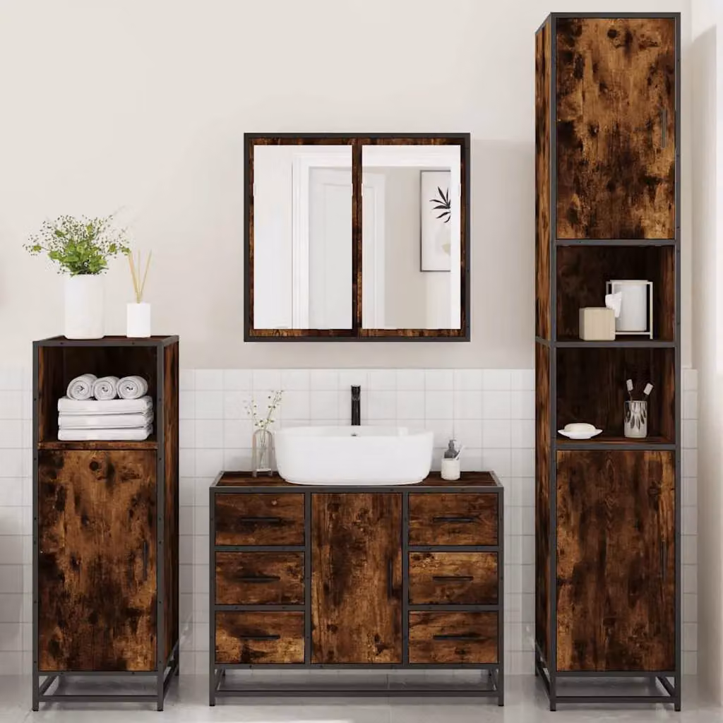 Berkfield Home 4-Piece Industrial Bathroom Furniture Set in Smoked Oak and Brown – 3