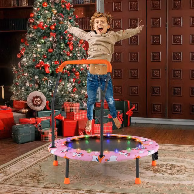 COSTWAY Pink Mini Trampoline for Kids with LED Lights, Diameter: 92 cm
