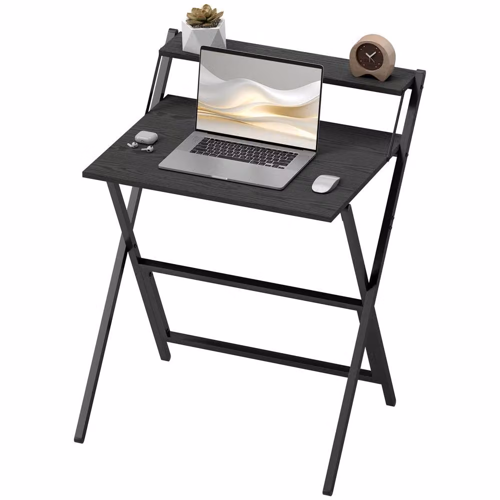 Rolipo Black Folding Computer Desk with Monitor Shelf – 2