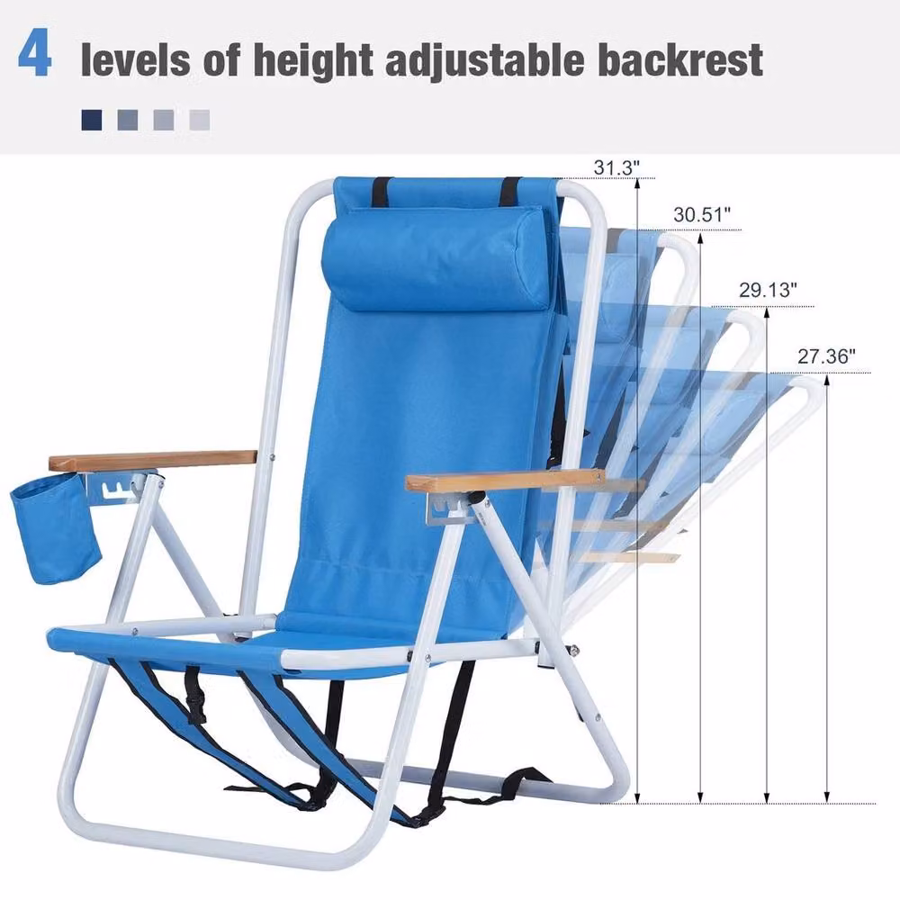 EONLION Blue 2-Person Folding Backpack Beach Chair with Adjustable Headrest, Armrests and Cup Holders – 3